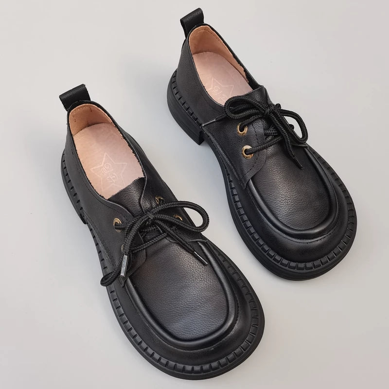 Women's Wide Toe Box Genuine Leather Oxfords British Style Lace Up Derby Shoes