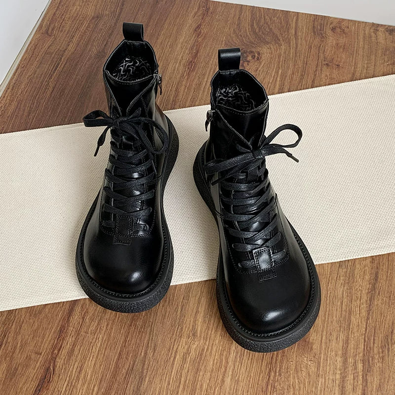 Women's Ankle Boots Lace Up Mid Calf Combat Booties Platform Low Heel