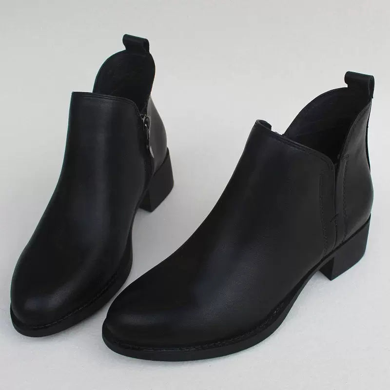 Women's Genuine Leather Ankle Boots Low Block Heel Side Zip Ankle Booties