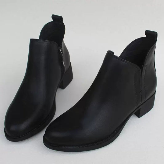 Women's Genuine Leather Ankle Boots Low Block Heel Side Zip Ankle Booties
