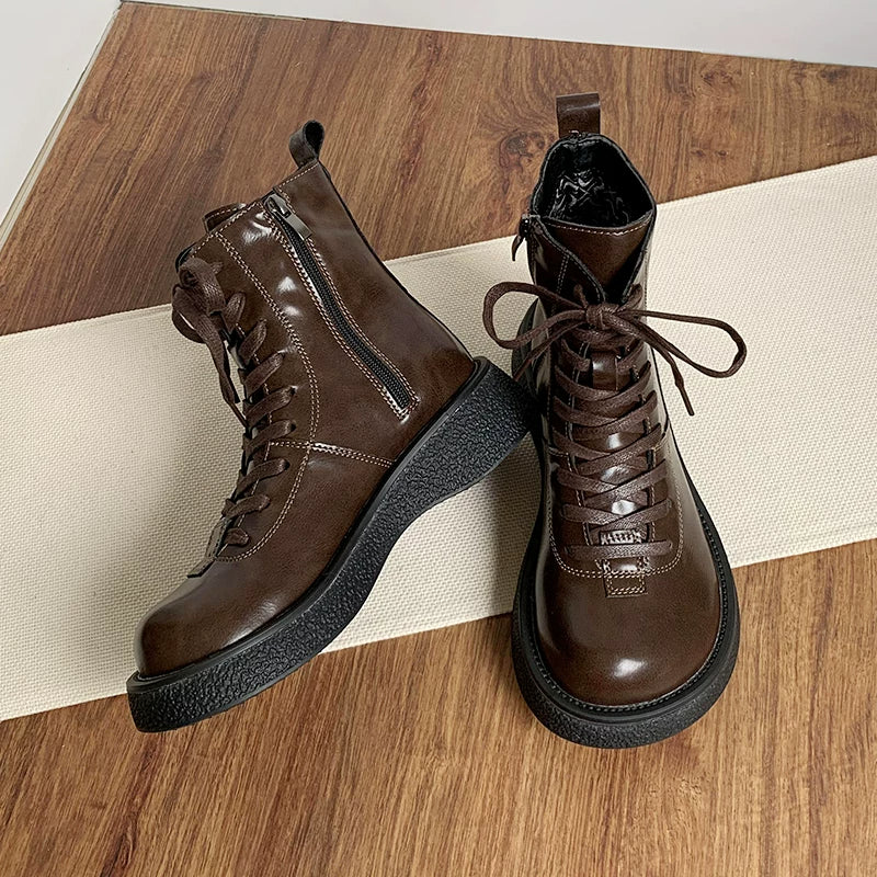 Women's Ankle Boots Lace Up Mid Calf Combat Booties Platform Low Heel