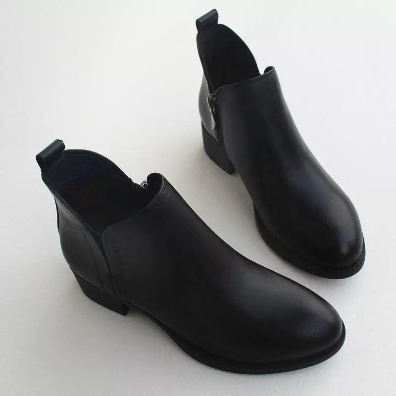Women's Genuine Leather Ankle Boots Low Block Heel Side Zip Ankle Booties