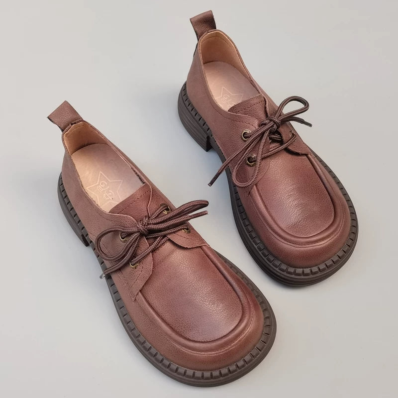 Women's Wide Toe Box Genuine Leather Oxfords British Style Lace Up Derby Shoes