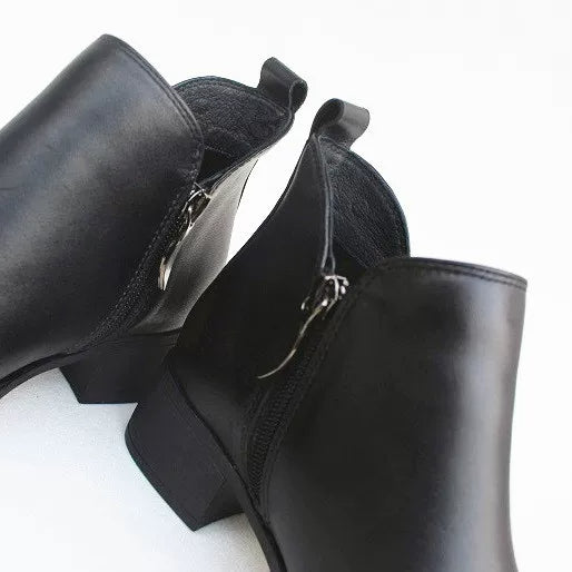 Women's Genuine Leather Ankle Boots Low Block Heel Side Zip Ankle Booties