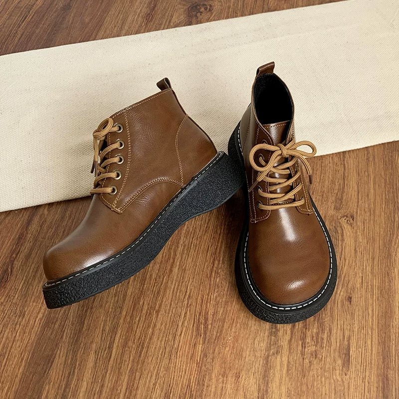Women's Ankle Boots Lace Up Platform Work Booties Low Heel