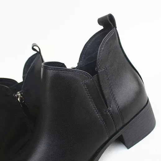 Women's Genuine Leather Ankle Boots Low Block Heel Side Zip Ankle Booties
