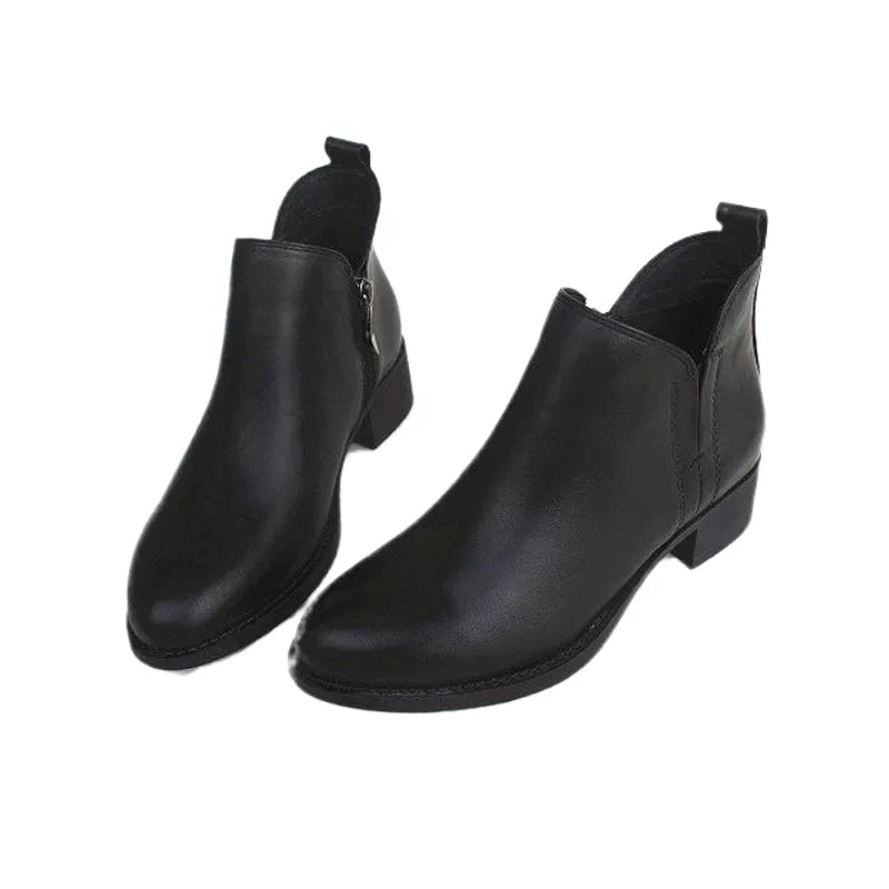 Women's Genuine Leather Ankle Boots Low Block Heel Side Zip Ankle Booties