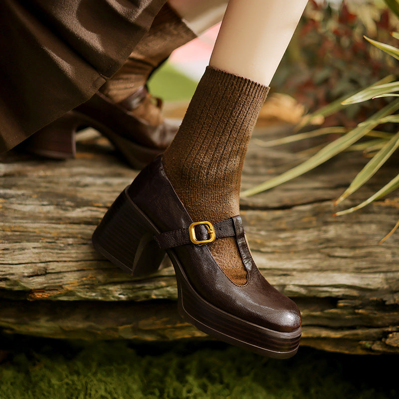 Handmade Sheepskin Mary Janes - Women's T-Strap Platform Chunky Heels