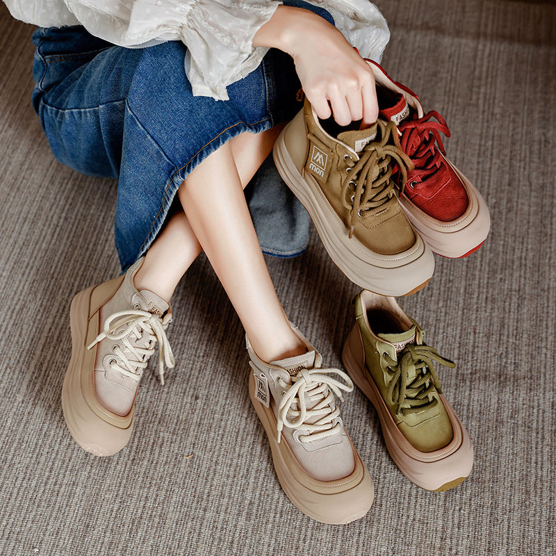 Trendy Women's Leather Platform Sneakers – High-Top Lace-Up Casual Shoes