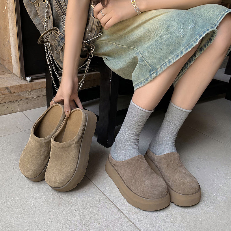 Round Toe Flat Mules – Women’s Cow Suede Comfortable Shoes