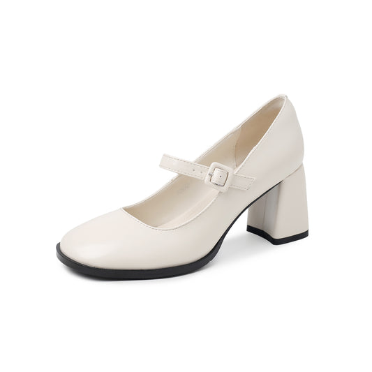 French Vintage Block Heel Mary Janes - Elegant Round Toe Leather Pumps for Office & Daily Wear
