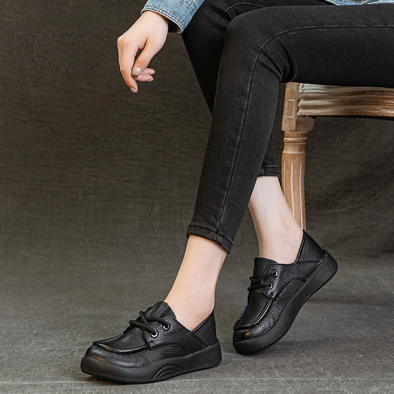 Women’s Handmade Leather Lace-Up Flats – Retro Soft Sole Casual Shoes