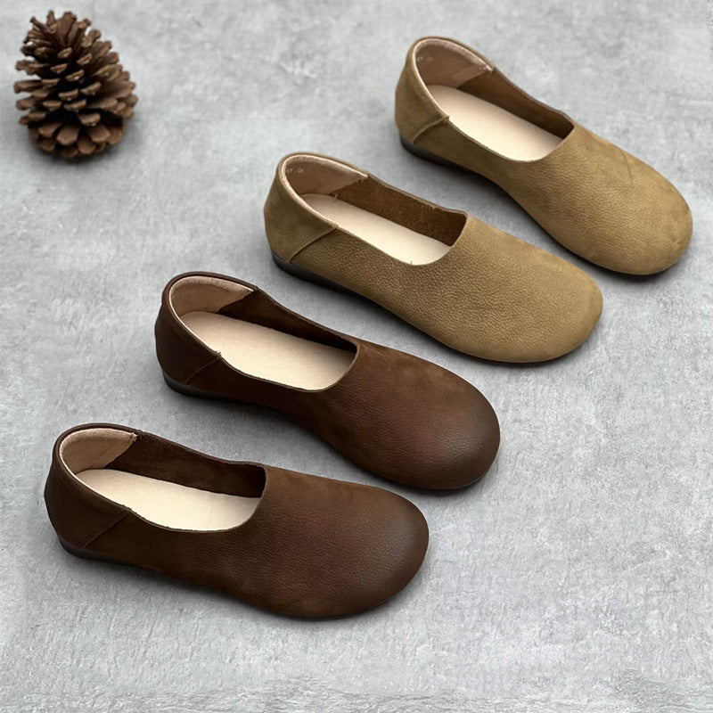 Women’s Minimalist Vintage Handmade Leather Flats – Retro Round Toe Slip-On Shoes