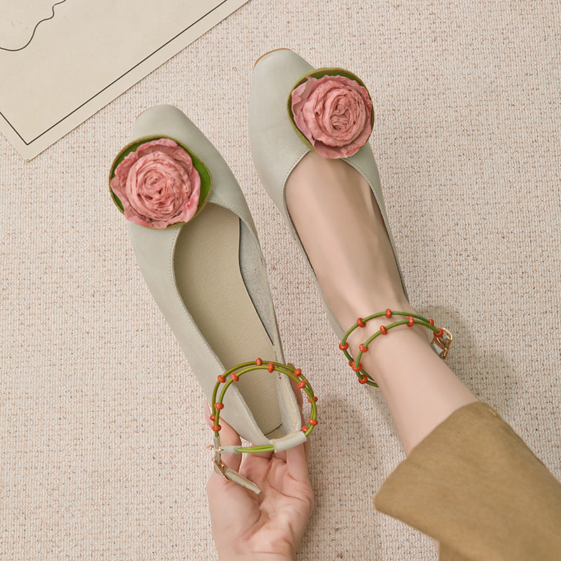 Women's Leather Handmade Literary Style Flower Pointed Toe Flat Shoes