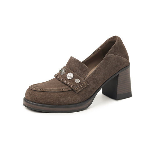 Vintage Academia Suede Loafers for Women - Slip-on Block Heels with Studded Detail