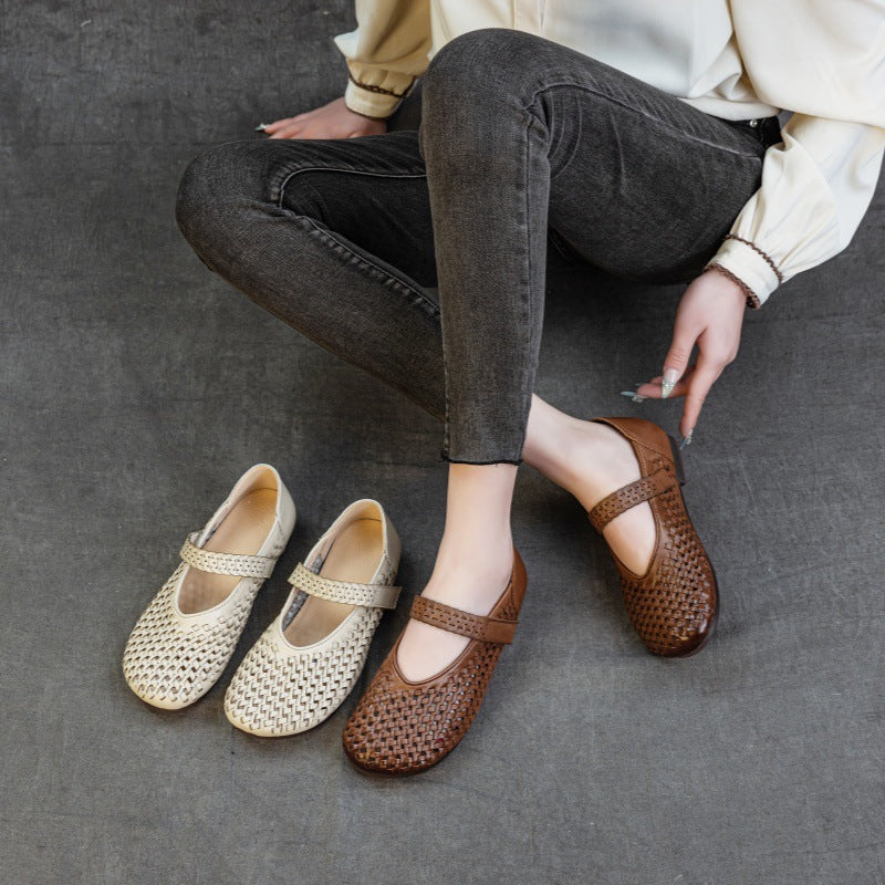 Genuine Leather Weaving Hollow Out Breathable Summer Velcro Women's Sandals
