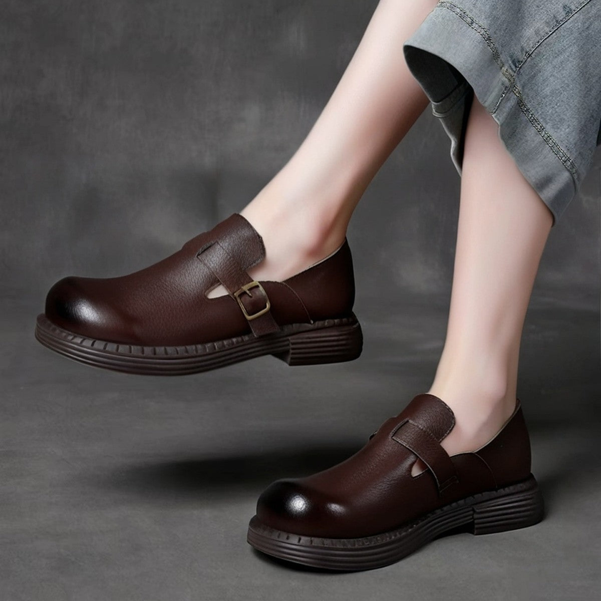 Women's Retro Top-Grain Leather Loafers Slip On Buckle Strap Casual Shoes
