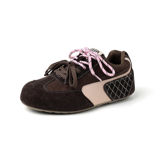 Women‘s Retro Cow Suede Sneakers Vintage Round Toe Double Lace-up Quilting Low Top Flats