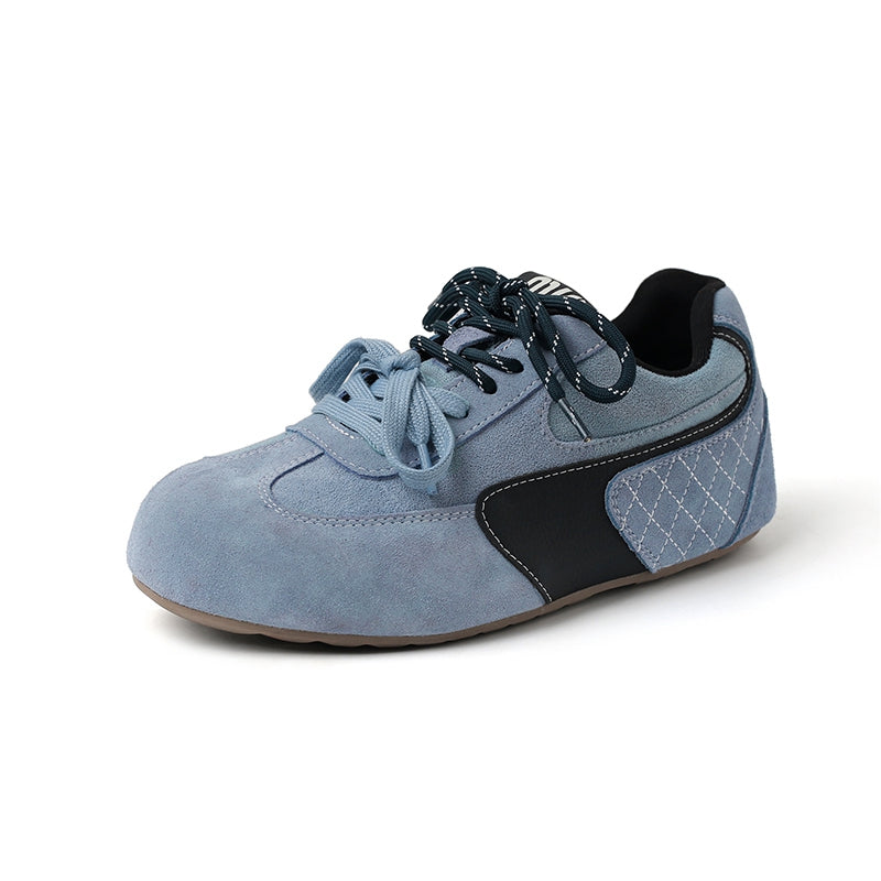 Women‘s Retro Cow Suede Sneakers Vintage Round Toe Double Lace-up Quilting Low Top Flats