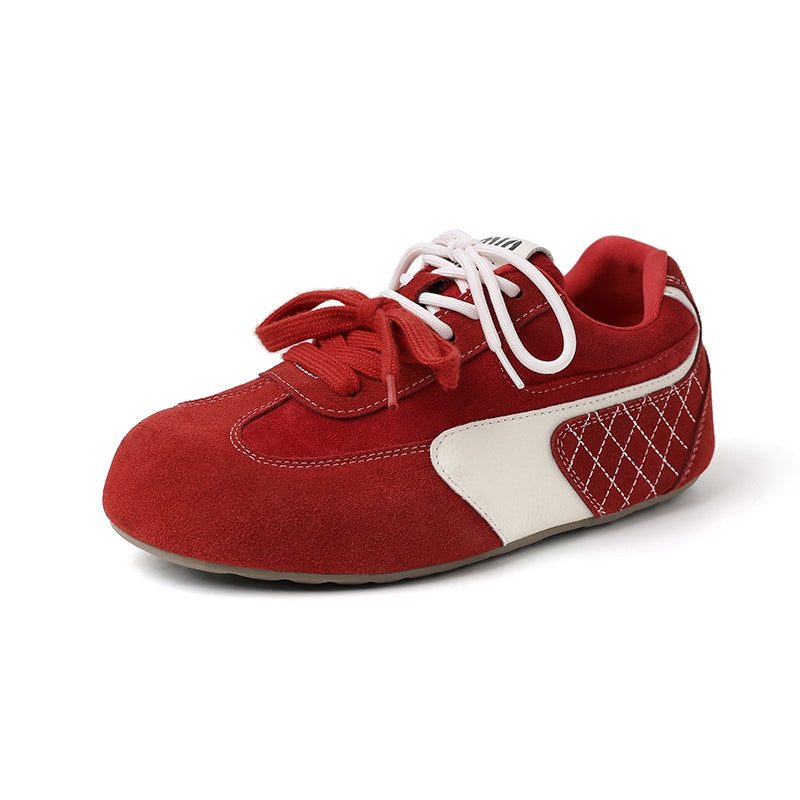 Women‘s Retro Cow Suede Sneakers Vintage Round Toe Double Lace-up Quilting Low Top Flats