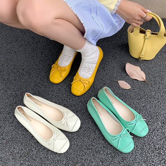 Women's Leather Round Toe Bow Ballet Shoes