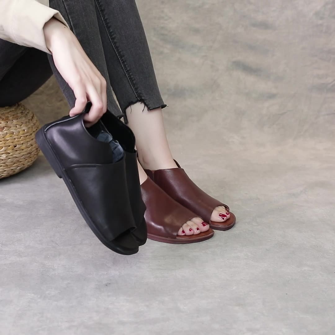 Women's Handmade Leather Open Toe Slip-On Comfort Sandals