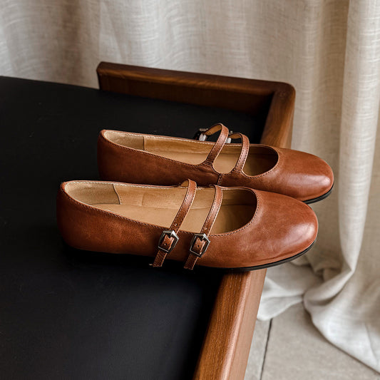 Women's Vintage French Style Leather Ballet Flats - Handcrafted Double Strap Mary Janes