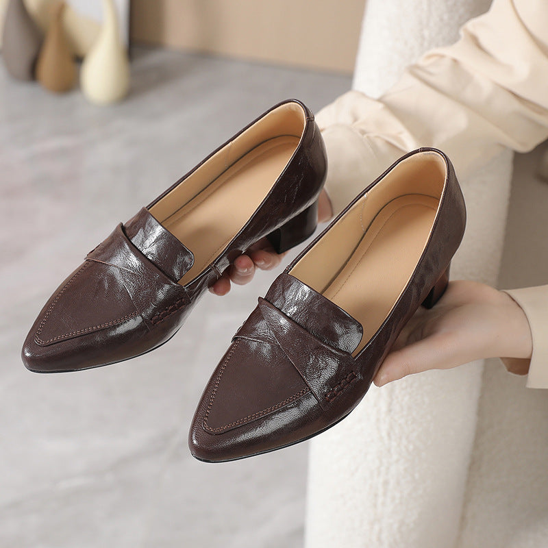 Women's Sophisticated Office Leather Pumps - Pointed Toe Block Heel Loafers