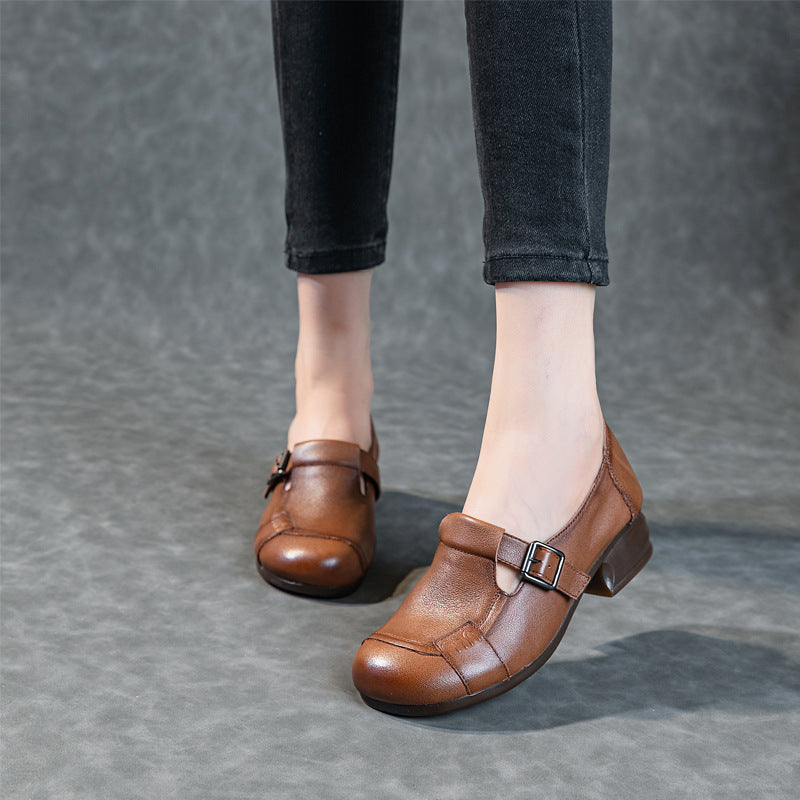 Women's Leather Casual Buckle Up Slip On Low Heeled Loafers