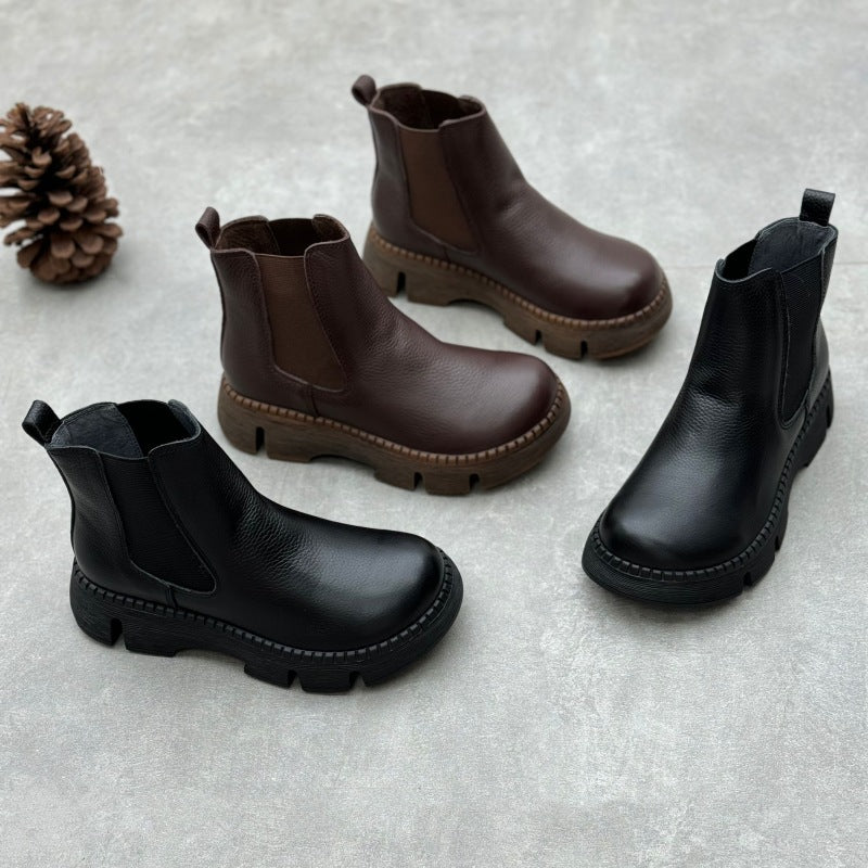 Women's Platform Leather Chelsea Boots – Round-Toe Ankle Booties