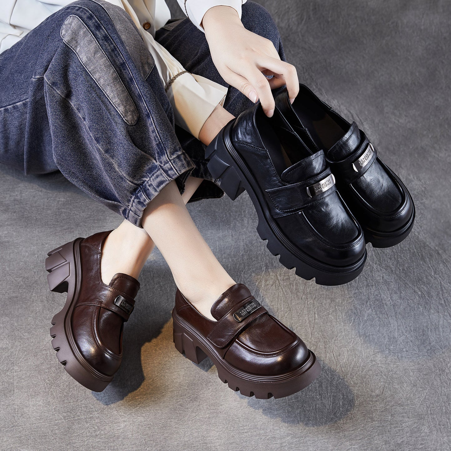 Women’s Leather Platform Block Heel Loafers – Vintage Metal Detail