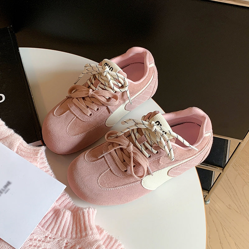 Women‘s Retro Cow Suede Sneakers Vintage Round Toe Double Lace-up Quilting Low Top Flats