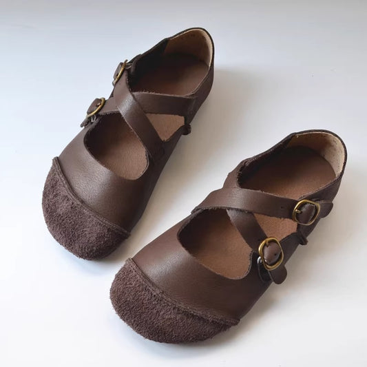 Women's Women's Leather Retro Patchwork Flat Cross Strap Mary Jane Shoes