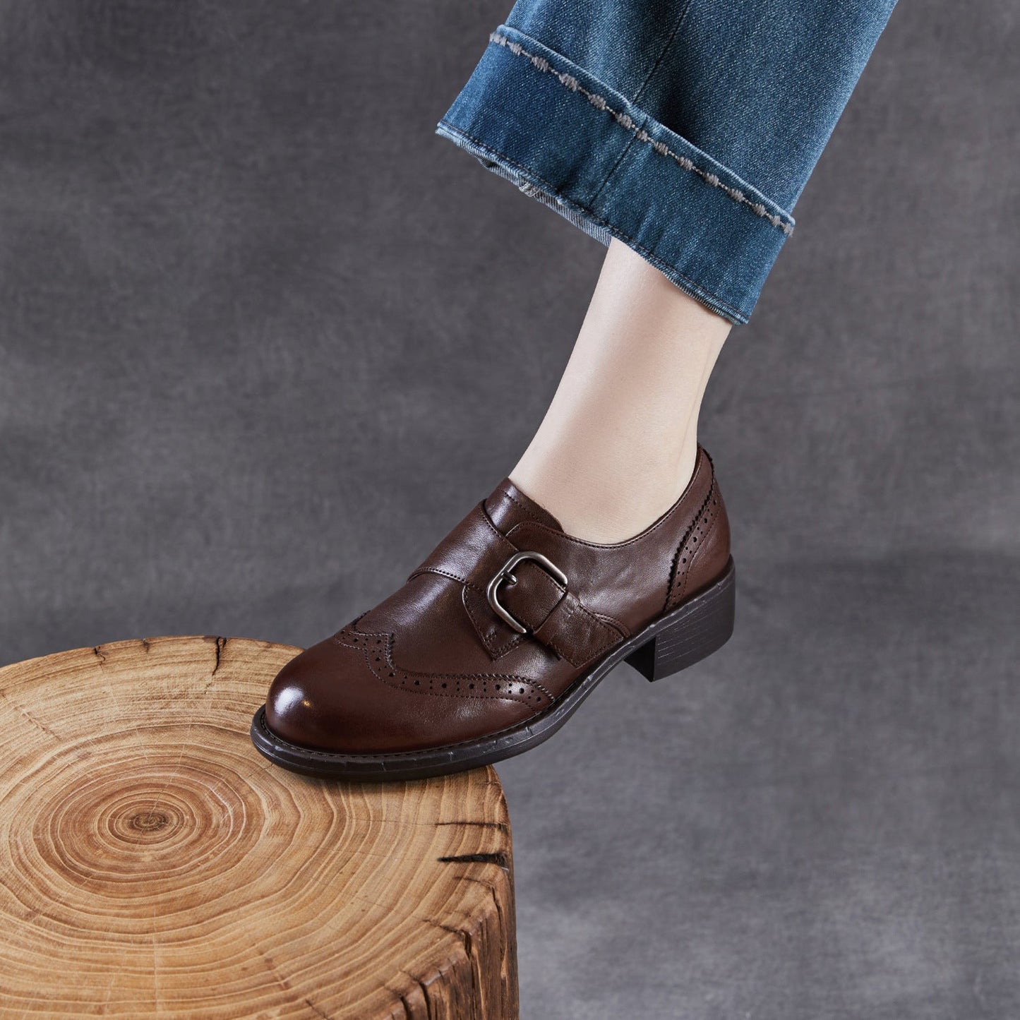 Women's Retro Leather Monk Strap Shoes Vintage Round Toe Brogue Chunky Heels