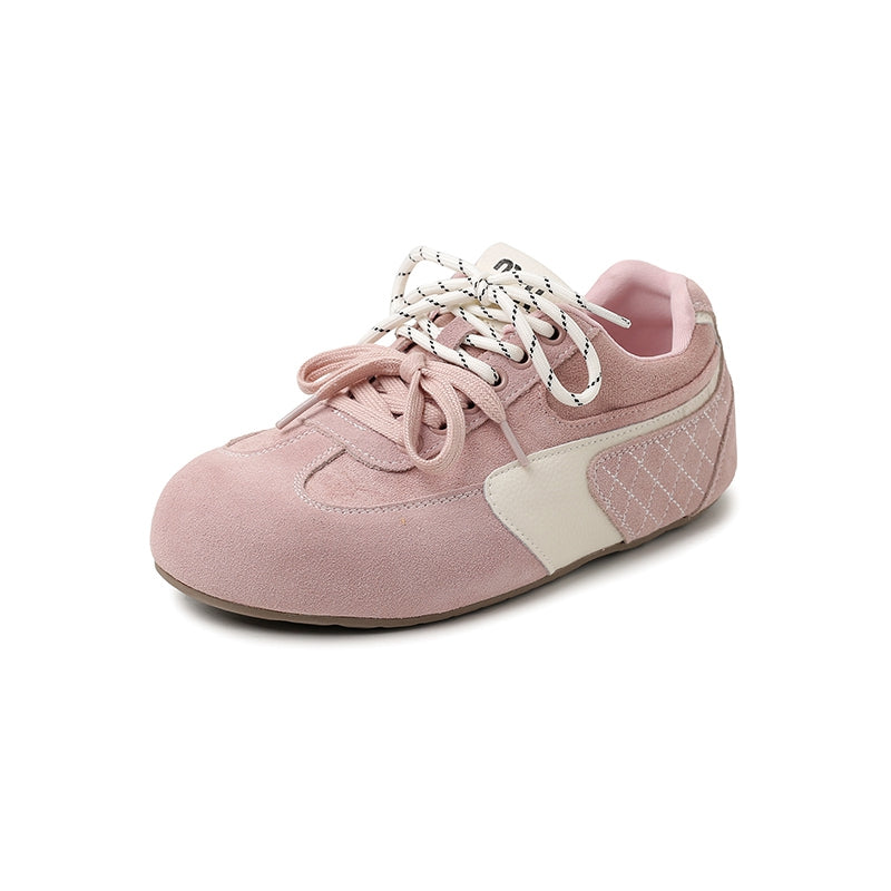 Women‘s Retro Cow Suede Sneakers Vintage Round Toe Double Lace-up Quilting Low Top Flats