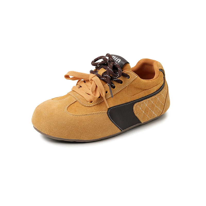 Women‘s Retro Cow Suede Sneakers Vintage Round Toe Double Lace-up Quilting Low Top Flats