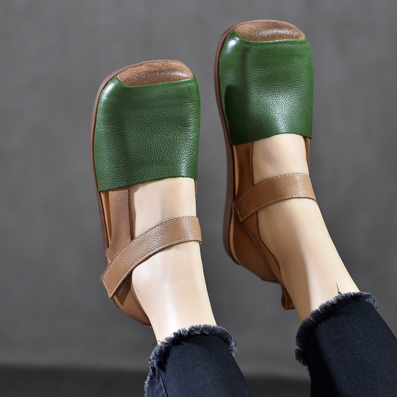 Handmade Leather Sandals - Women's Retro Square Toe Walking Flats with Velcro Strap