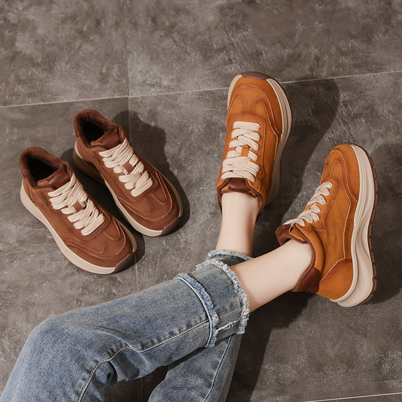 Women's Retro High-Top Leather Sneakers – Chunky Sole Casual Platform Shoes