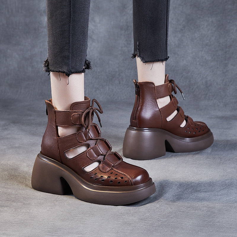 Breathable Leather Cut-out Sandals for Women - High Platform Gladiator Boots with Lace-up & Zipper