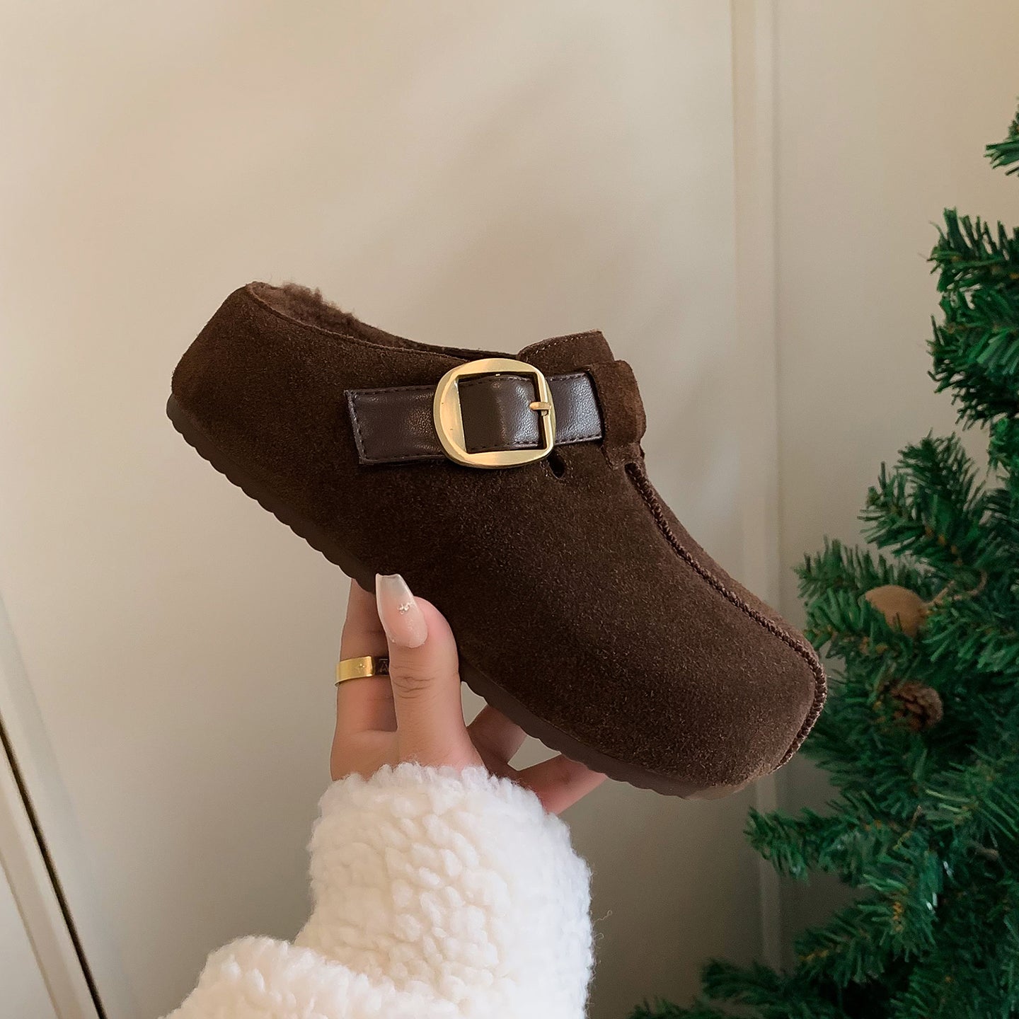 Warm Fur Lined Winter Mules for Women – Platform Slip-On with Buckle