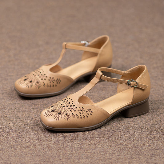Women's Summer T-Strap Mary Janes - Floral Laser-Cut Cowhide Flats - Block Heel