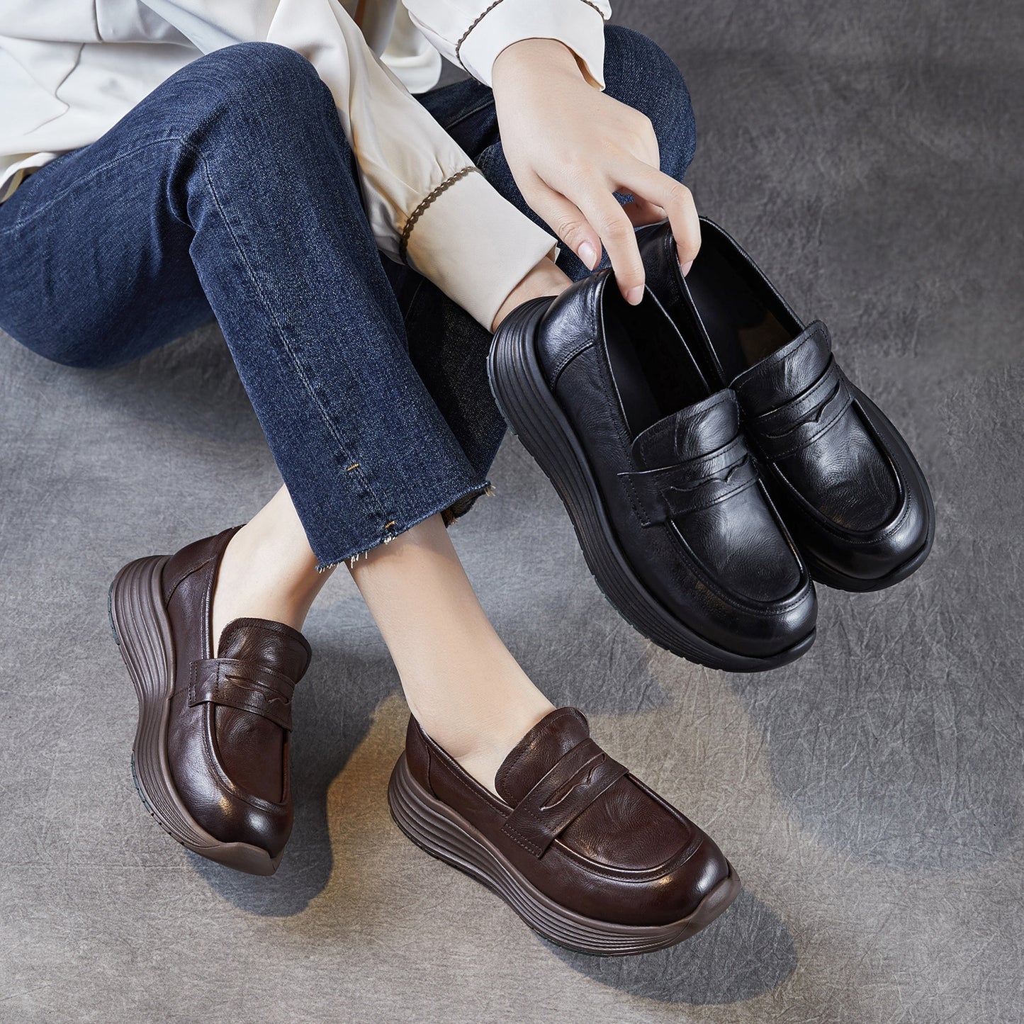 Women’s Leather Slip-On Loafers – Vintage Low Wedge Comfort Shoes