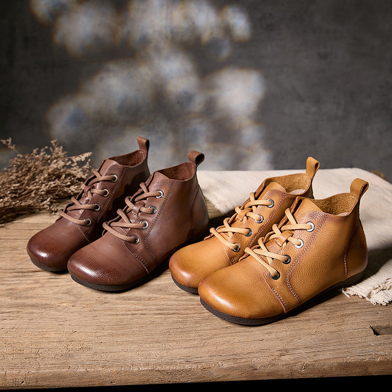 Vintage Women's Leather Lace-Up Ankle Boots – Casual Everyday Shoes