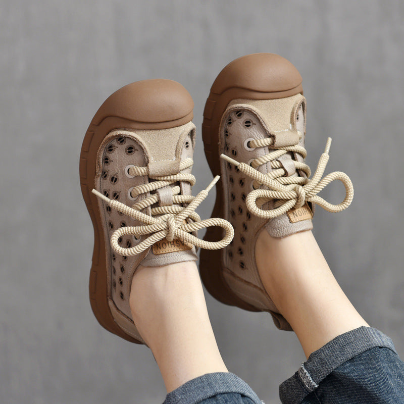 Women's Perforated Cowhide Sneakers - Unlined Summer Leisure Shoes - Thick Sole