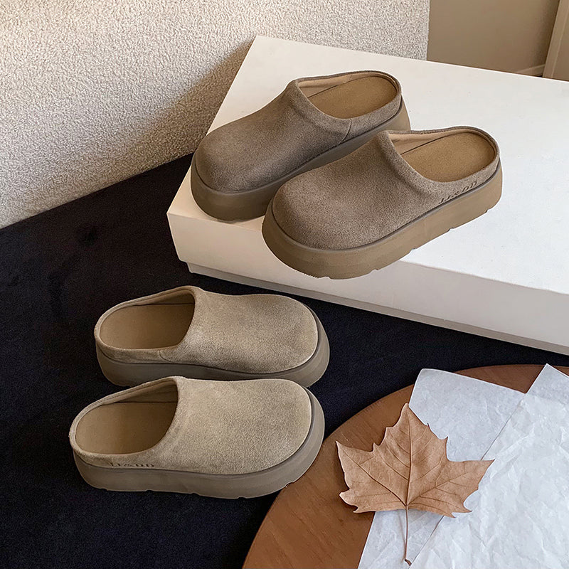 Round Toe Flat Mules – Women’s Cow Suede Comfortable Shoes