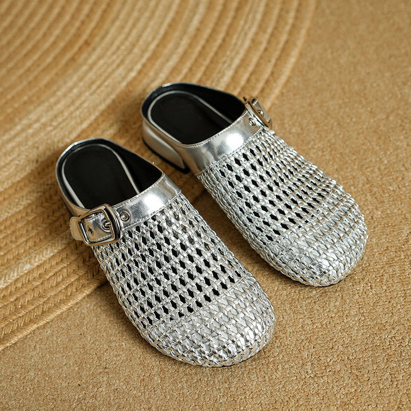Women's Hollow Out Leather Low Heel Buckle Summer Mule Sandals