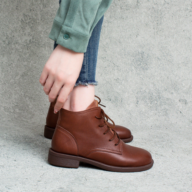 Women's Classic Genuine Leather Ankle Boots – Lace-Up with Side Zipper Closure