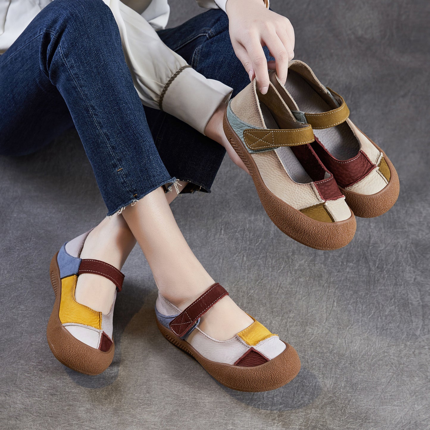 Women’s Leather Colour-Block Mary Jane Flats – Retro Soft Sole Shoes