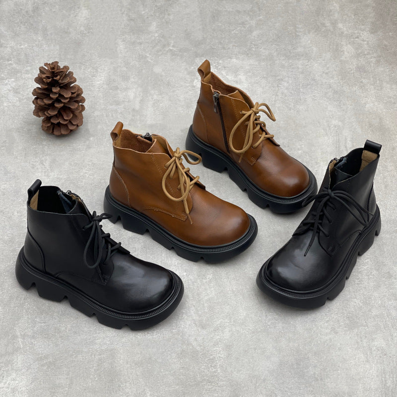 Women's Vintage Leather Platform Ankle Boots – Lace-Up Zipper Style