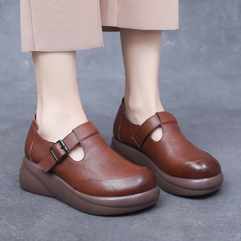 Women's Leather Chunky Round Toe Platform Shoes - Ergonomic Wedge T-Strap Mary Janes